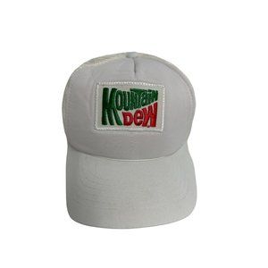 Vintage 1980's/90's White Embroidered Patch Mountain Dew Trucker Snapback Hat.